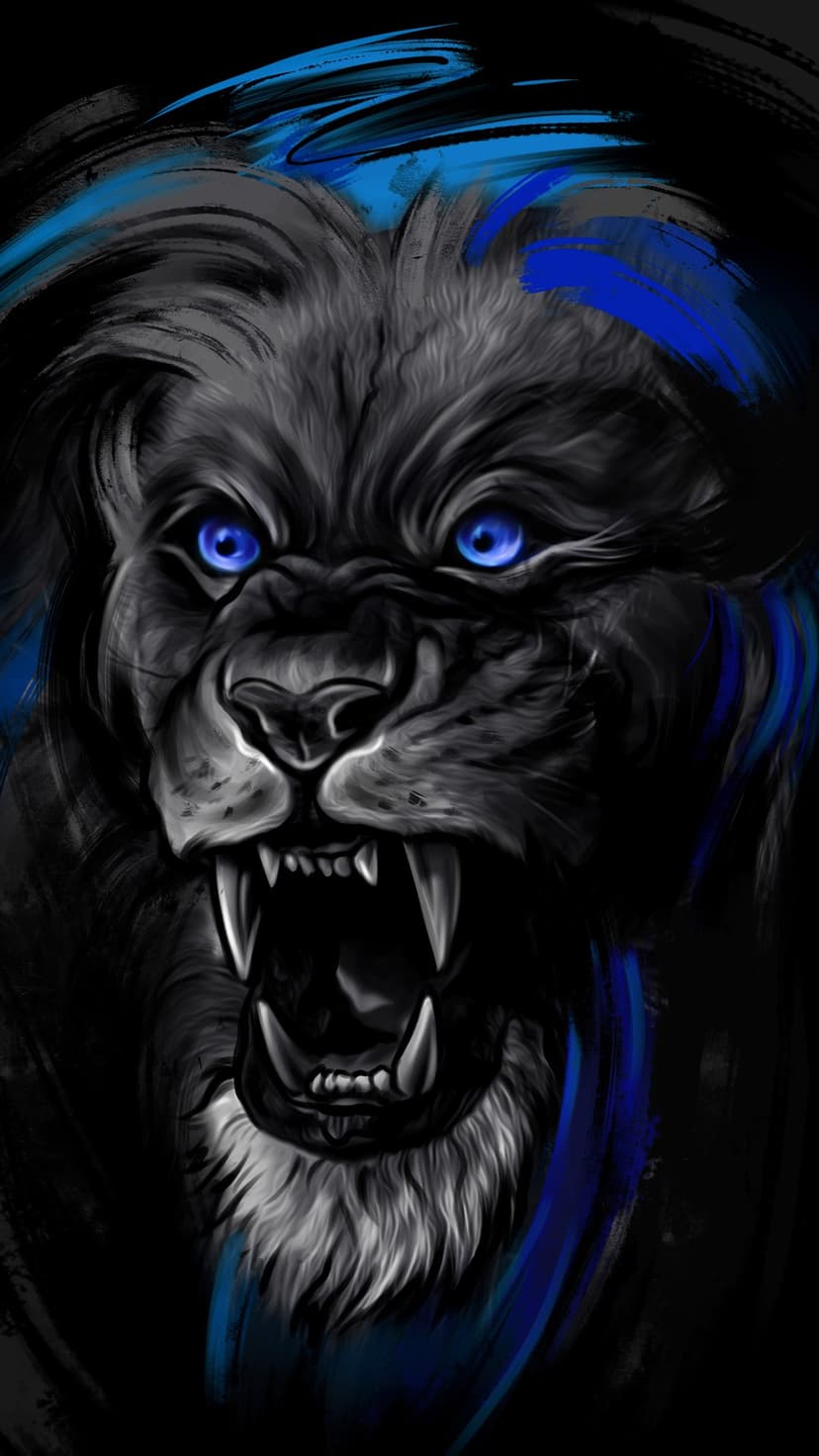 Black lion with bared teeth and glowing electric blue eyes features sapphire highlights in its dark mane.
