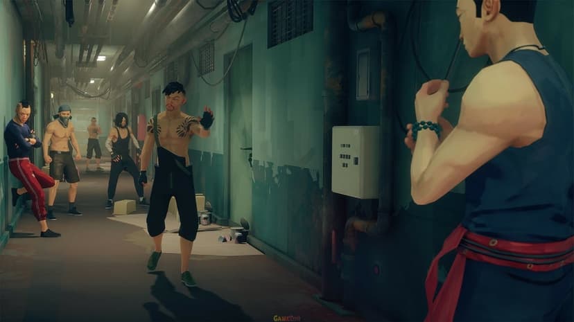 Martial artist faces a group of thugs in a dim green industrial hallway with cinematic lighting and shadows.