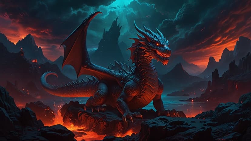 Ancient dragon perches on jagged volcanic rocks above glowing lava streams under a turbulent crimson sky.