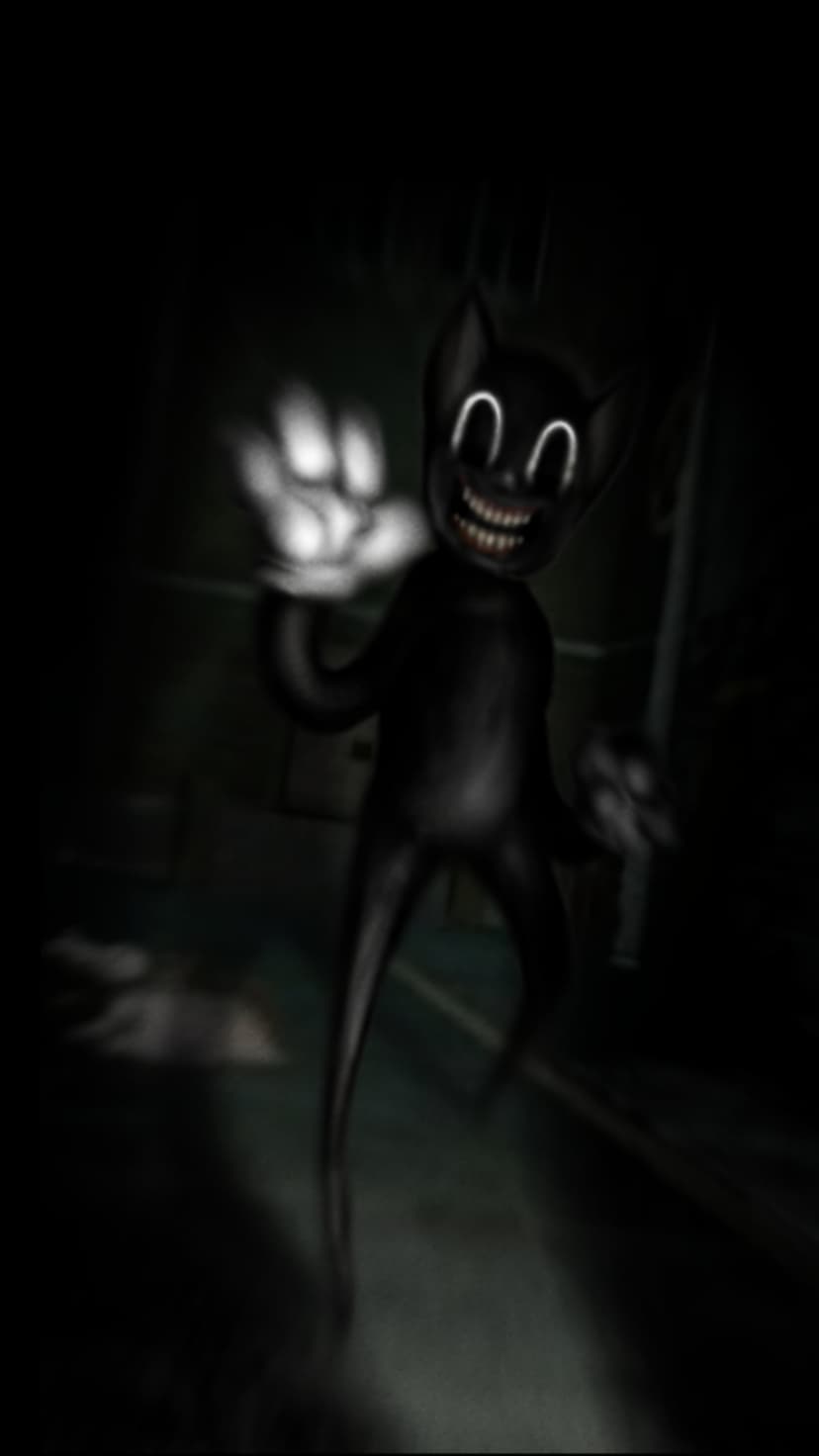 Cartoon Cat with a wide toothy grin and glowing eyes reaches forward with white gloved hands in a dark room.