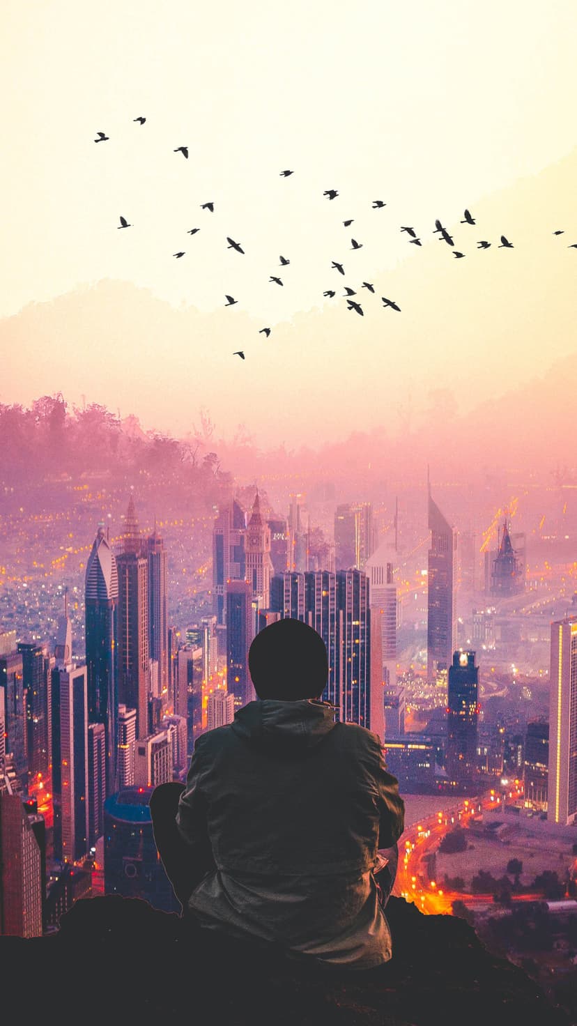 Person sitting on a high ledge overlooking a glowing cityscape at sunset with birds flying through the orange sky