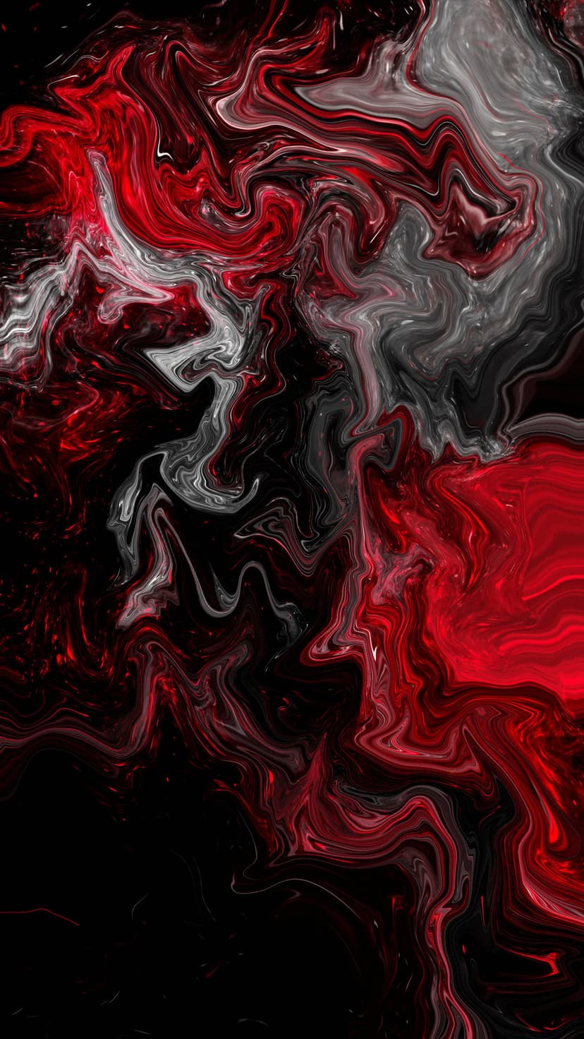 Crimson and charcoal fluid swirls intertwine on a solid black backdrop with a marbled, liquid texture.