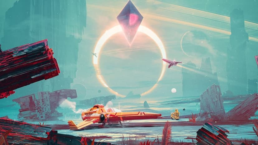 Orange starship and explorer on a teal alien planet with a giant glowing ring and floating prism under a ringed sky.