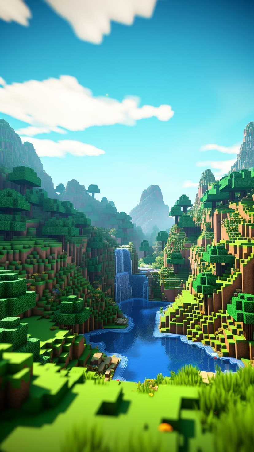 Blocky green mountains and a cascading white waterfall flow into a blue river under a bright pixelated sky.