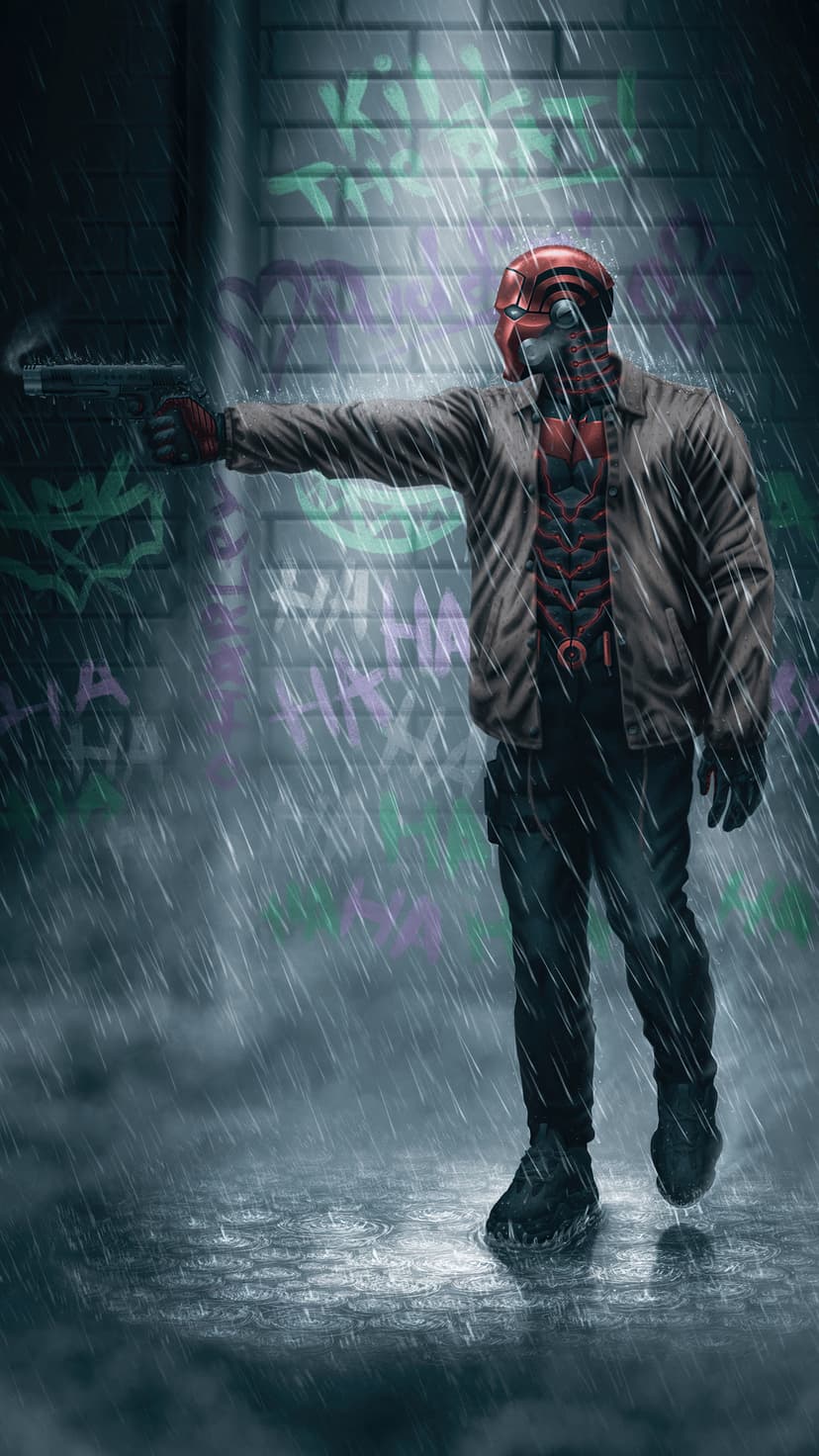Red Hood grips a handgun in the rain against a brick wall with purple graffiti in a dark Gotham city alleyway.