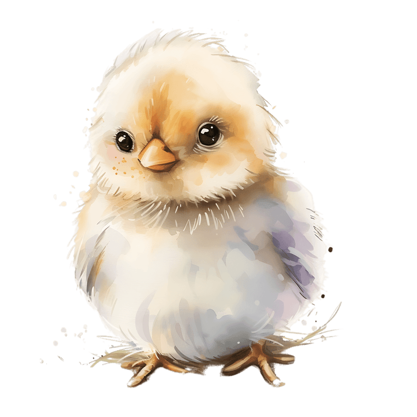 Yellow chick in straw nest watercolor illustration featuring soft feathers on a solid black background.
