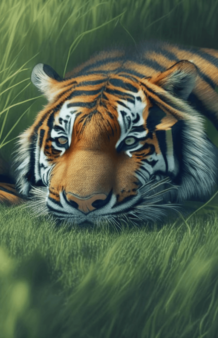 Tiger with bright green eyes rests its head in vibrant green grass, showing detailed orange fur and black stripes.