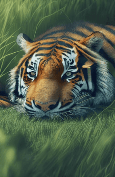 Close-up of tiger resting in lush green grass