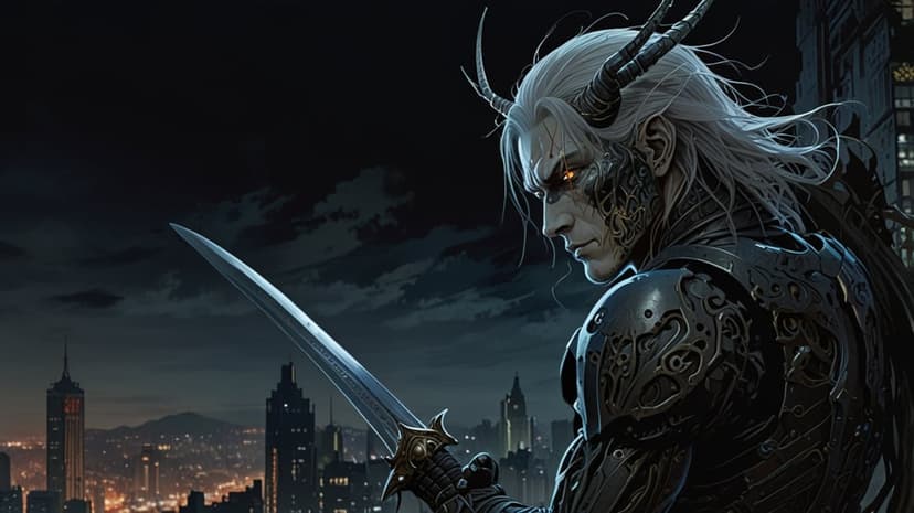 Pale warrior with white hair and red eyes holds a sword on a rooftop overlooking a glowing nocturnal cityscape.