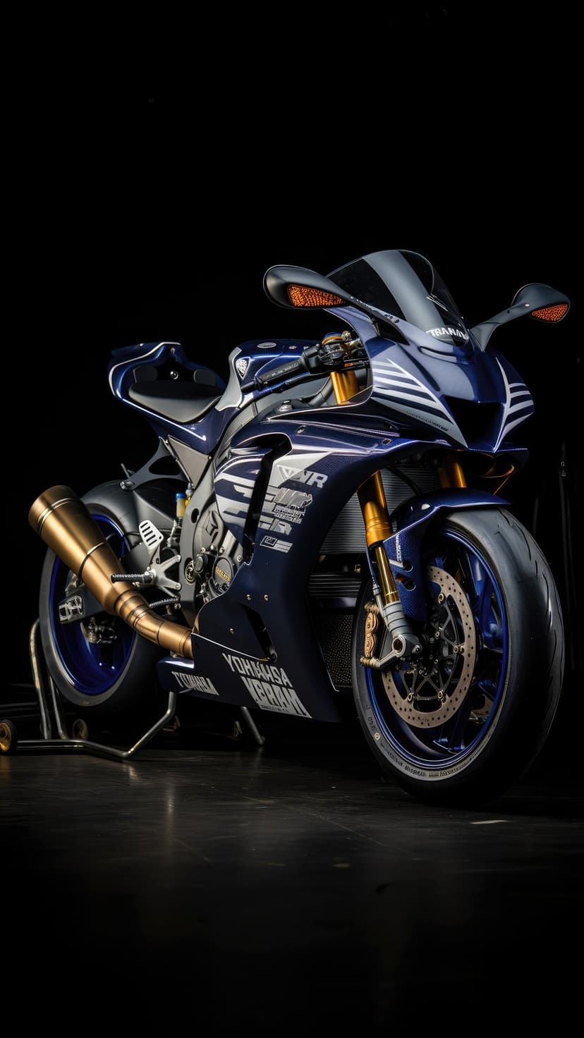 Yamaha YZF-R1M sportbike in dark blue with gold forks and white racing stripes against a solid black background.