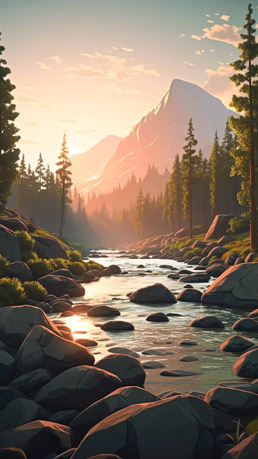 Rocky river flowing through a pine forest with mountains in the background under sunbeams at golden hour.