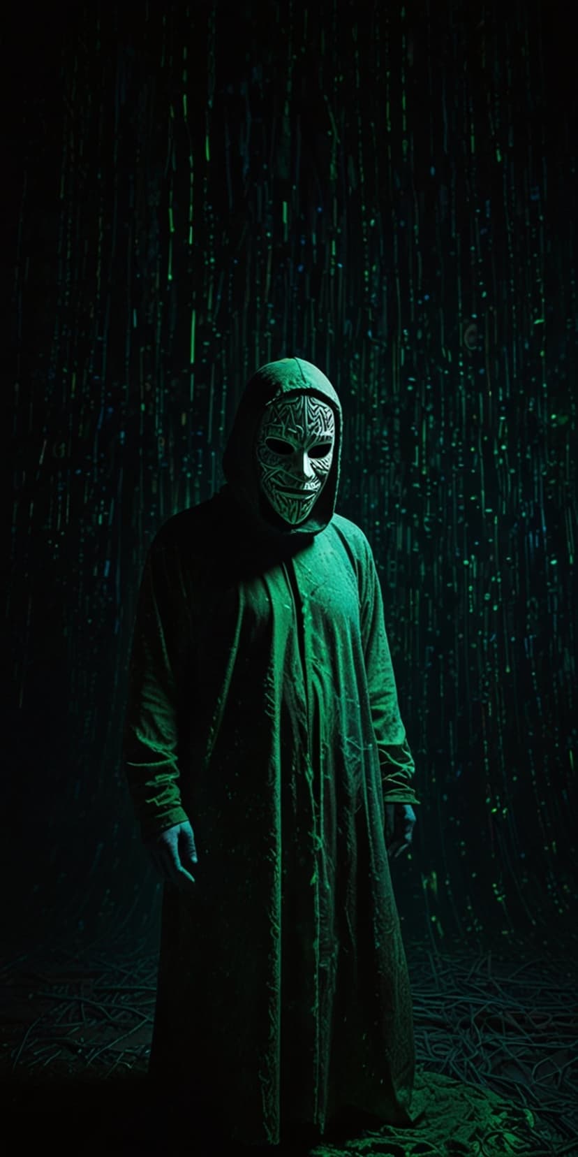 Cloaked figure in a green robe and patterned mask stands against a black backdrop with glowing emerald light.