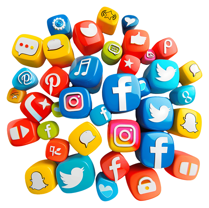 Social media app icons collection featuring glossy rounded square buttons with vibrant gradients and brand logos.