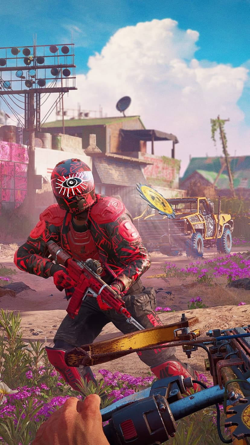 Armored soldier in a red suit aims a rifle near a yellow truck and purple flowers in a ruined city setting.