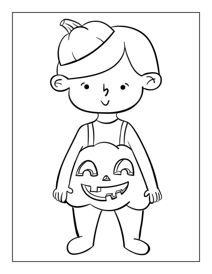 Halloween coloring page featuring a child in a jack-o-lantern costume with bold black outlines on white paper.