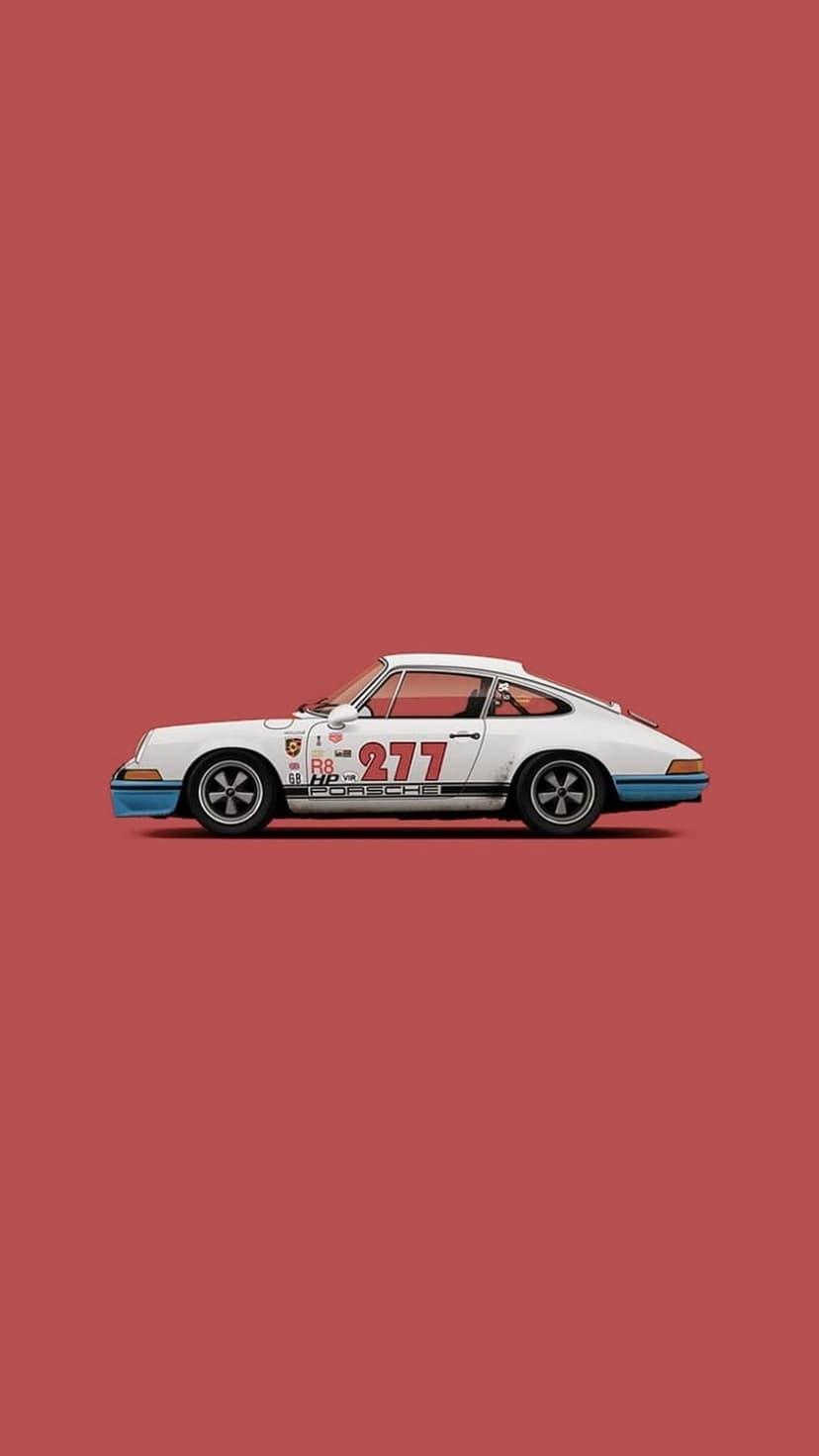 White vintage Porsche 911 race car with blue stripes and number 277 parked against a solid warm red background.