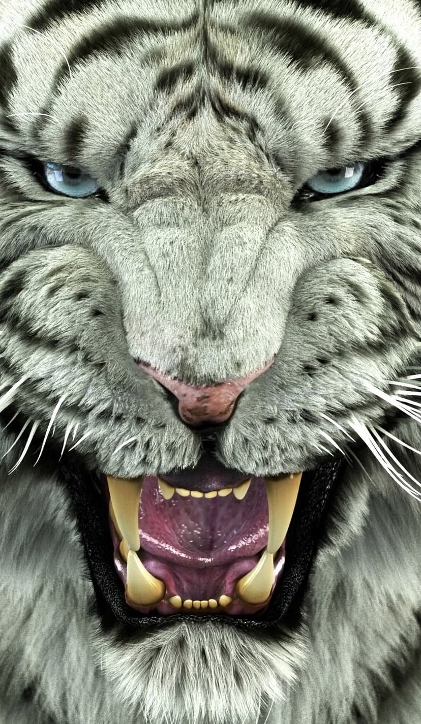 White tiger snarling with open mouth, showing sharp fangs and blue eyes in a detailed close-up portrait.