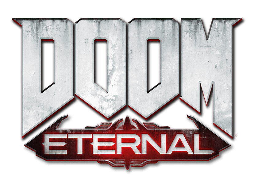 Doom Eternal logo features sharp red letters with a distressed stone texture and jagged angular edges.