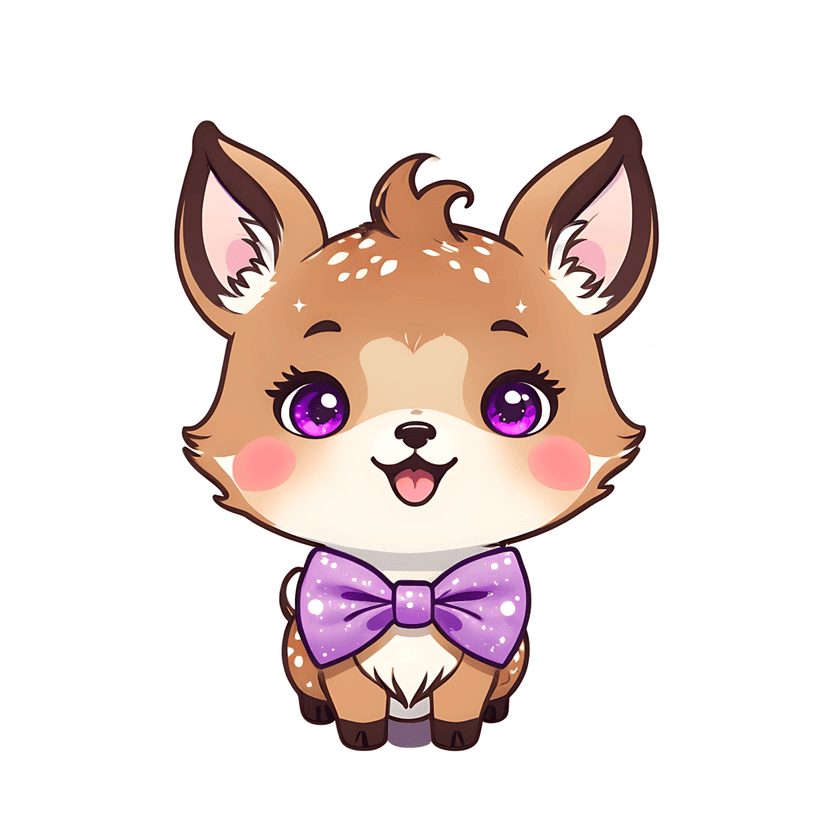 Brown fawn deer sticker featuring white spots and a purple bow tie in a symmetrical sitting front view pose.