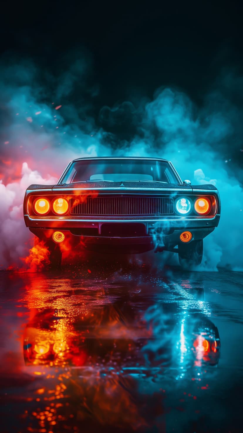 Black Dodge Charger with glowing headlights emerges from swirling red and blue smoke on a reflective wet road.