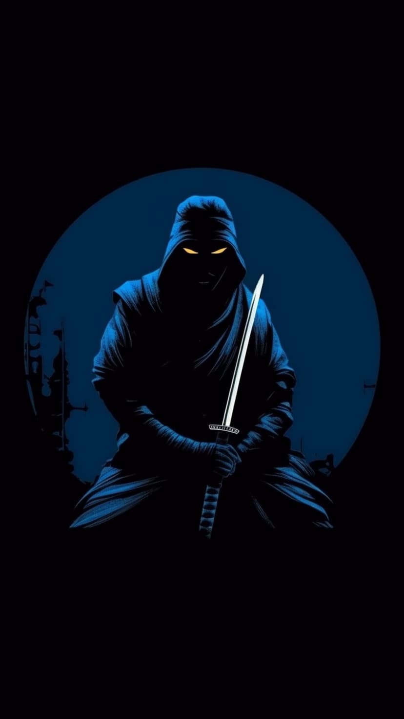 Ninja warrior with glowing yellow eyes sits in a meditative pose while holding a katana against a moonlit backdrop.
