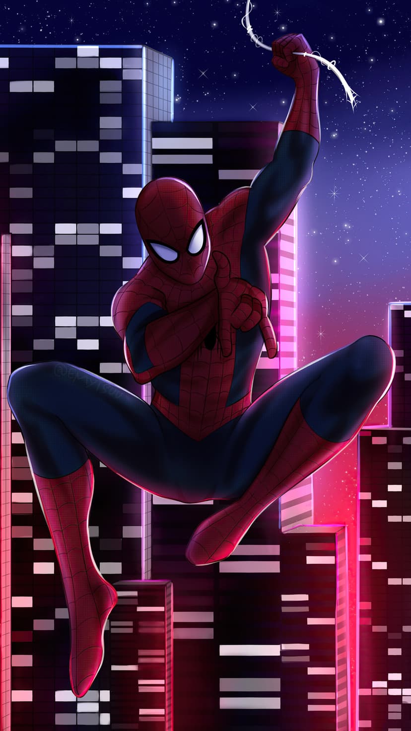Spider-Man swings past purple neon skyscrapers under a starry night sky in a vertical city landscape.