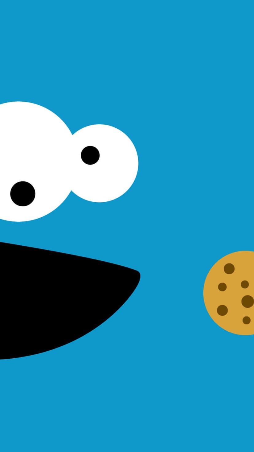 Cookie Monster with large googly eyes and a chocolate chip cookie on a solid blue minimalist background.