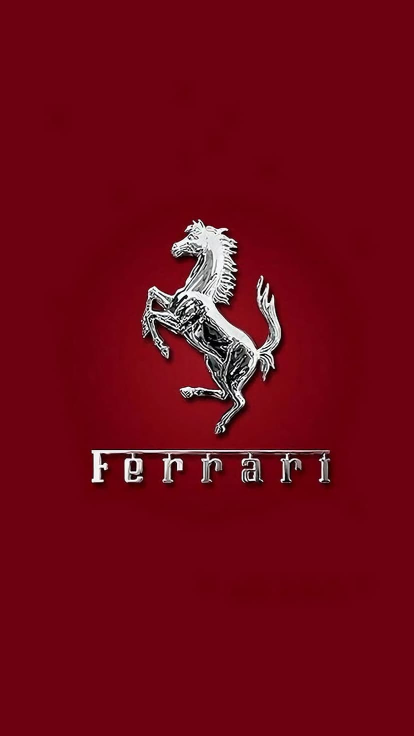 Silver prancing horse logo and Ferrari wordmark centered on a textured red background with subtle shading.
