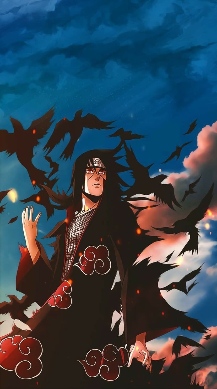 Itachi Uchiha wearing a red cloud cloak stands as black crows fly around him against a sunset sky.