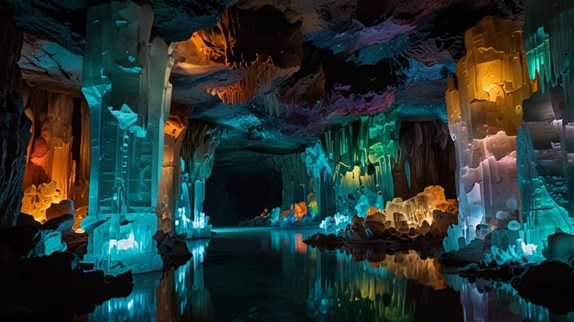 Glowing purple and blue crystals rise from a dark cave floor and reflect in the surface of an underground lake.