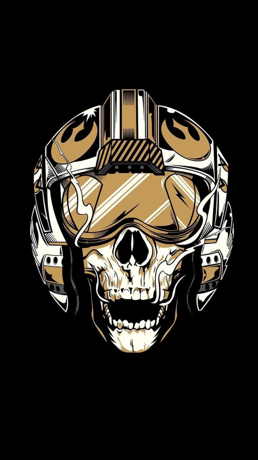 Human skull wearing a detailed Rebel Alliance pilot helmet with gold trim and goggles against a black background.