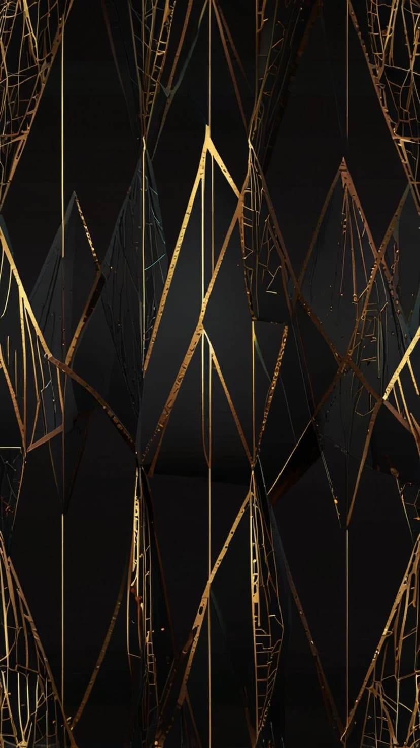 Golden geometric lattice lines form a symmetrical Art Deco pattern over a matte black background surface.