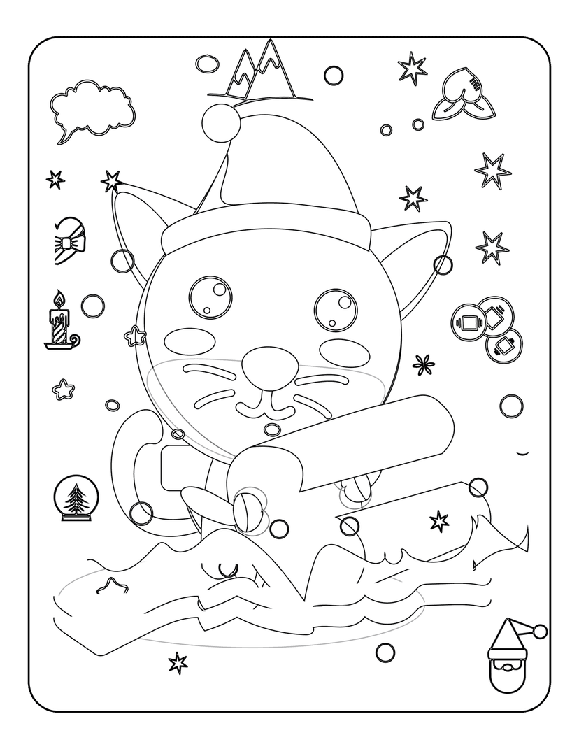Christmas cat coloring page featuring a kitten in a Santa hat, snow globe, and festive holiday decorations.
