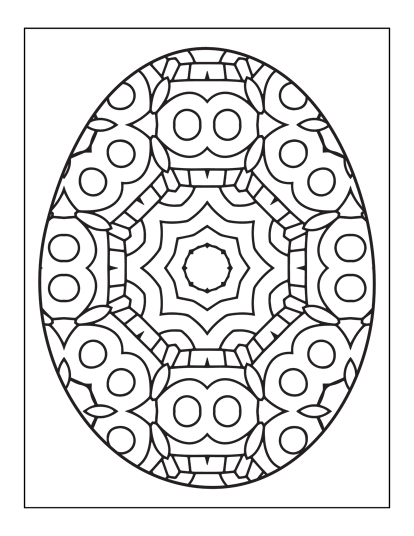 Geometric easter egg outline features symmetrical white patterns of circles and polygons over a black background.
