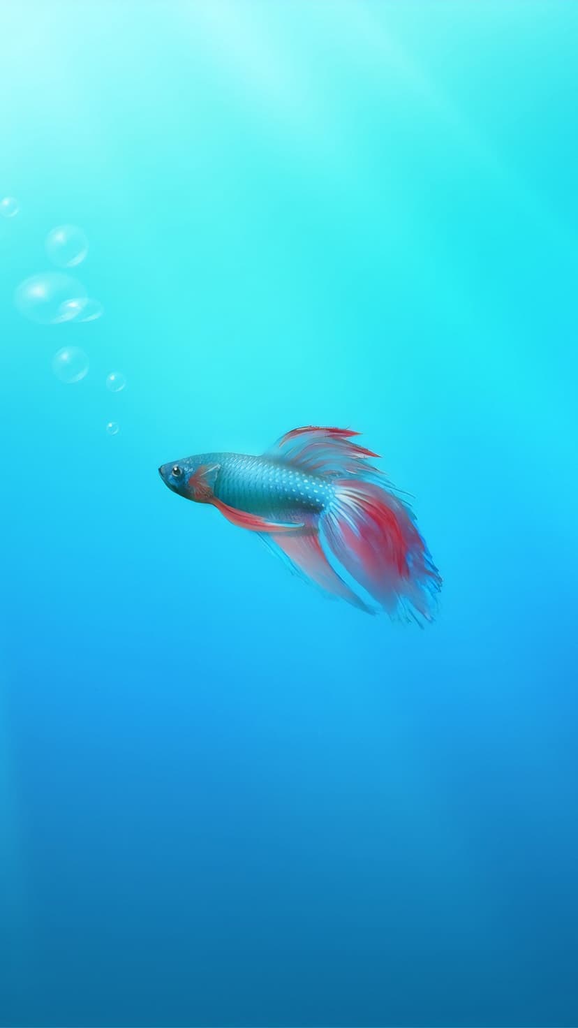 Blue Betta fish with crimson fins swimming through light-dappled water with tiny bubbles on the left.