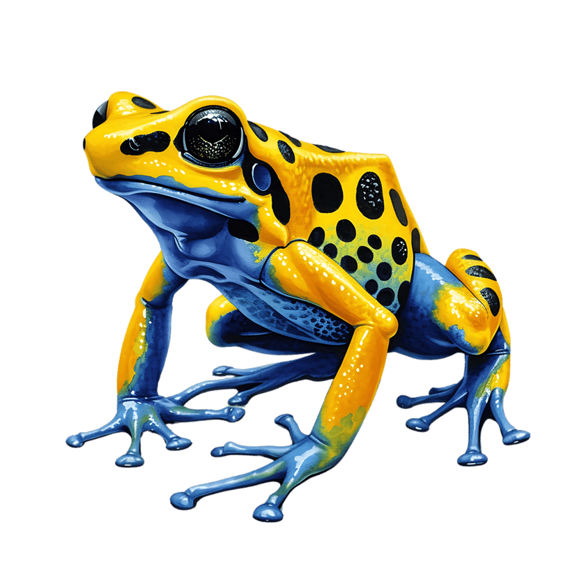 Poison dart frog illustration with yellow and blue skin, black spots, and smooth texture on a black background.