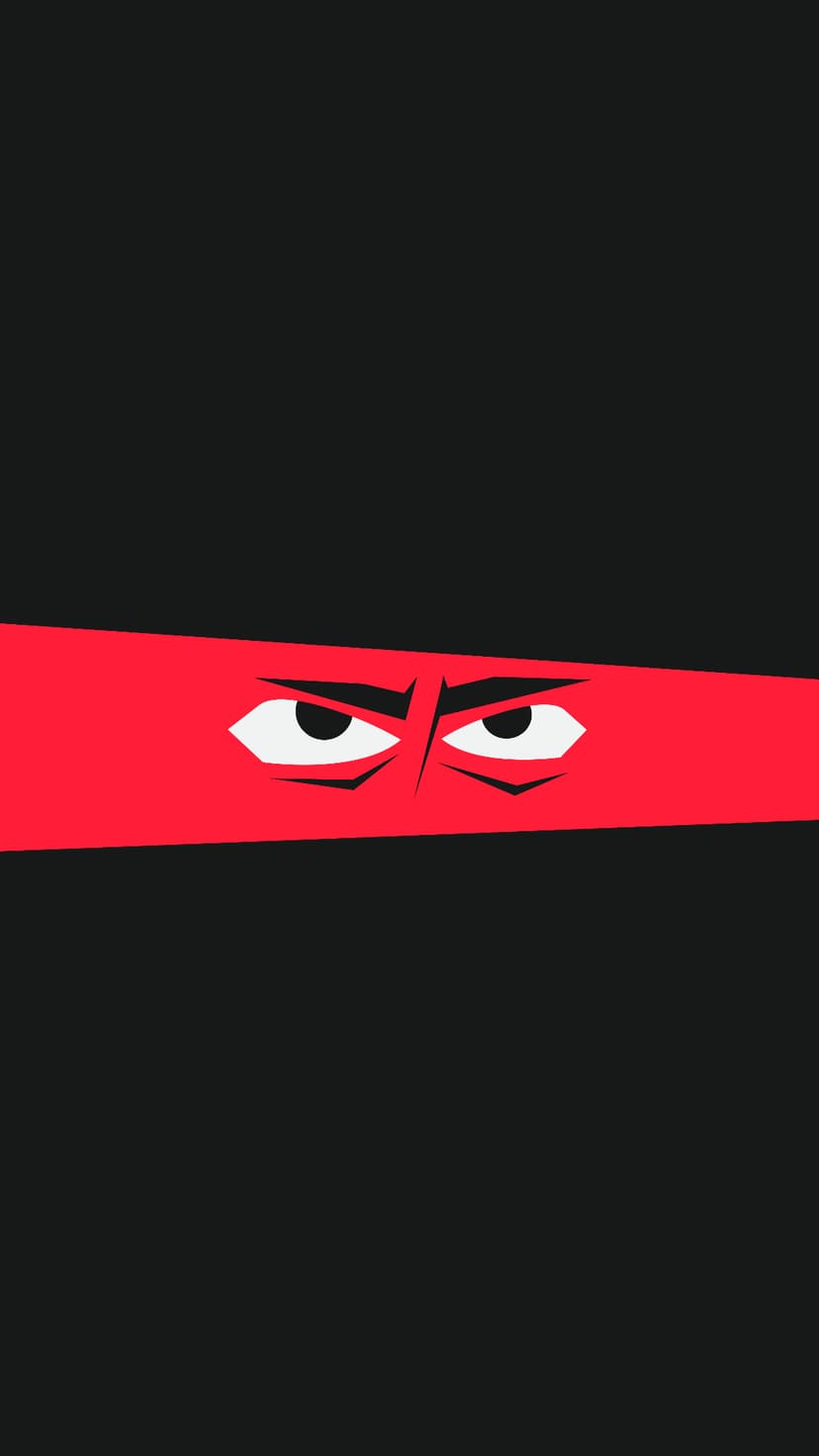 Samurai Jack’s narrow white eyes gaze intensely from a bold red horizontal band against a solid black background.