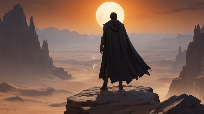 Hooded silhouette stands on a jagged rock formation facing a massive orange sun and distant desert mesas.