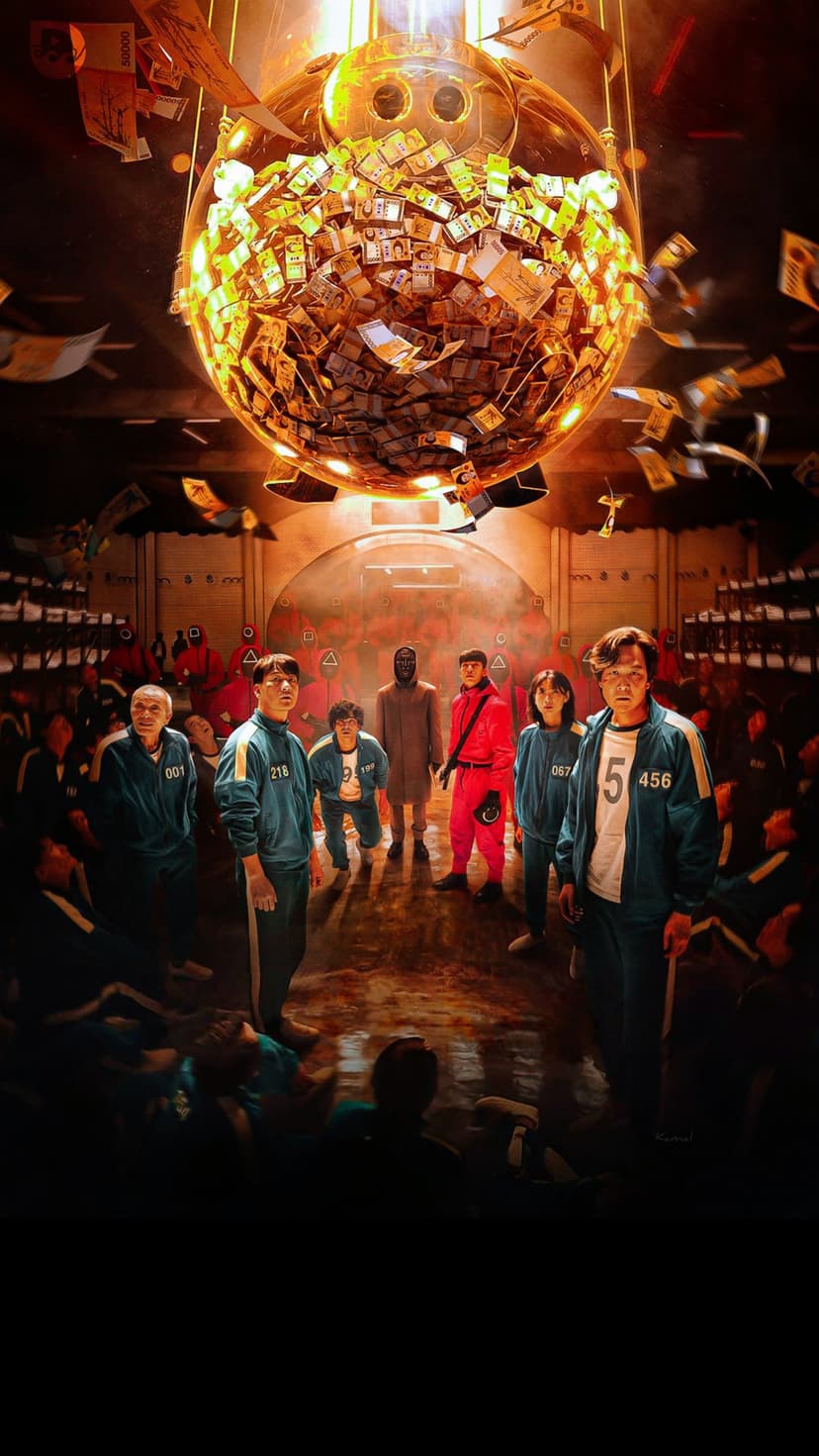 Contestants in green tracksuits stand before a massive glowing piggy bank filled with money in a dark room.
