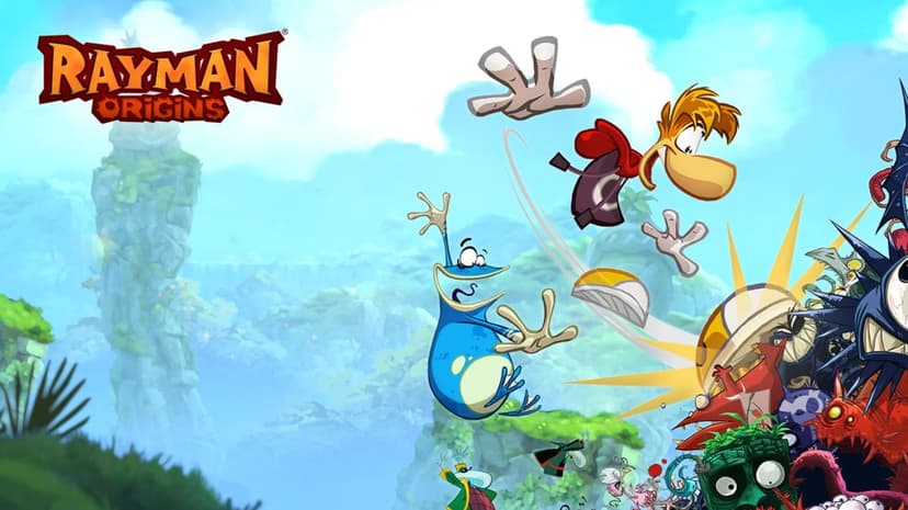 Rayman and Globox jump through a misty jungle landscape with colorful enemies on a blue sky background.