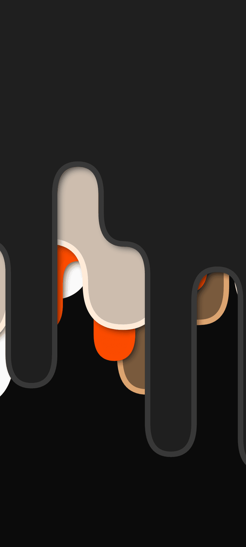 Overlapping rounded rectangles in muted earth tones cast soft shadows against a dark matte black background.