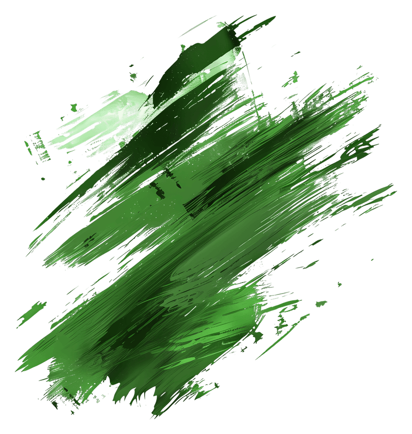 Green brush stroke with textured acrylic edges and vibrant pigment splatters on a transparent background.