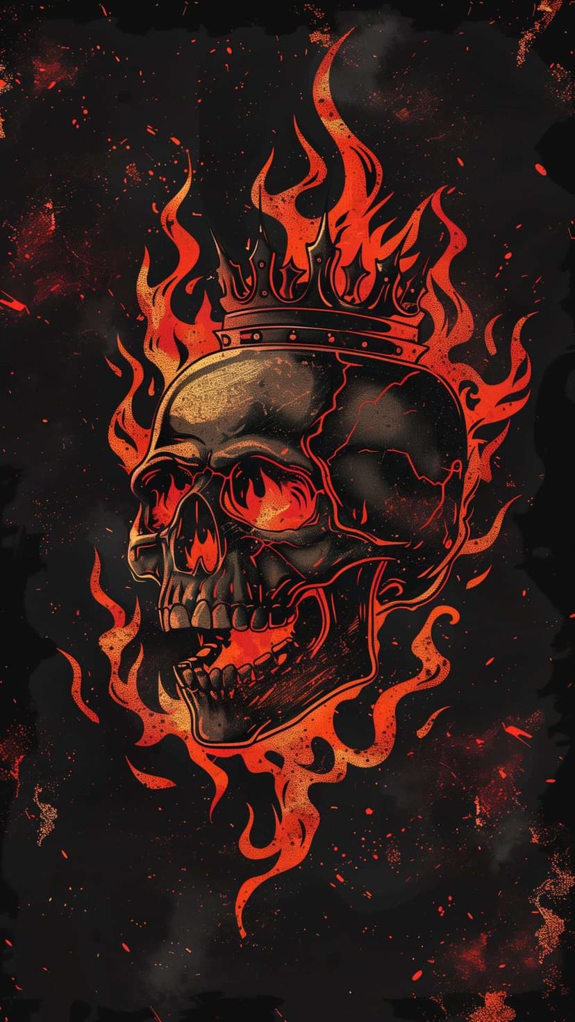 Crowned skull engulfed in bright orange flames with glowing red eyes against a dark textured background.