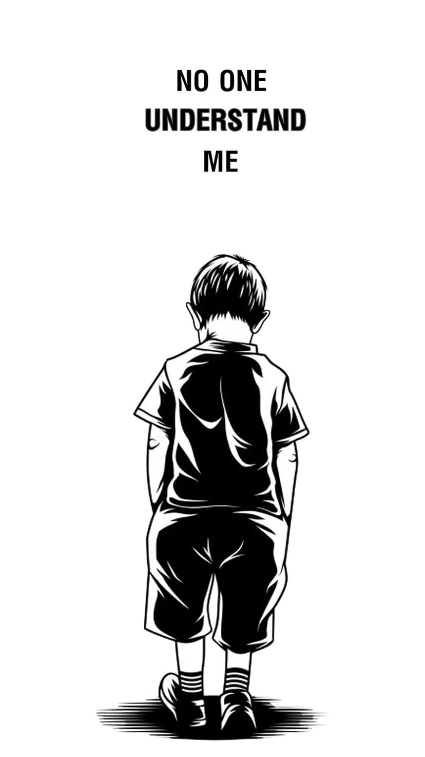Small child seen from behind standing below bold text reading no one understand me in black and white.