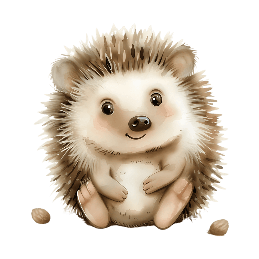 Watercolor hedgehog with brown quills sits near two nuts on a dark background showing soft artistic textures.