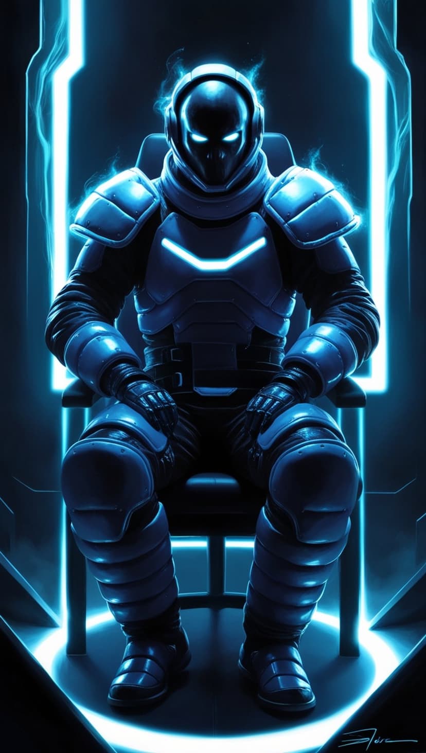 Futuristic knight in blue neon armor sits on a throne with glowing helmet visors in a dark tech chamber.