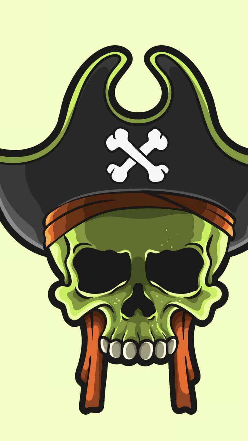 Green pirate skull wearing a black tricorne hat with white crossbones against a pale yellow background.