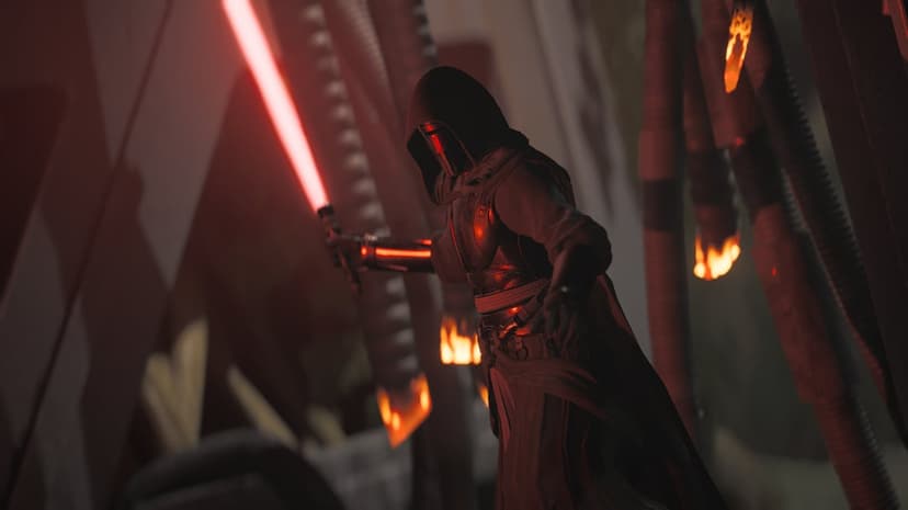 Hooded Sith Revan in dark armor holding a glowing red lightsaber in a dark industrial environment.