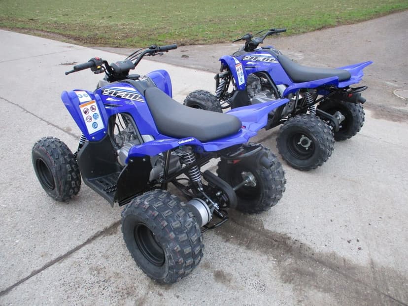 Two blue Yamaha Raptor ATVs parked on a light concrete path featuring rugged tires and a soft grassy background.