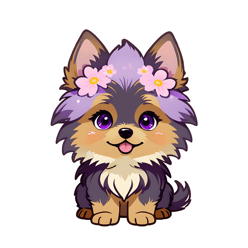 Chibi puppy sticker illustration featuring violet eyes, brown fur, and pink cherry blossoms on its head.